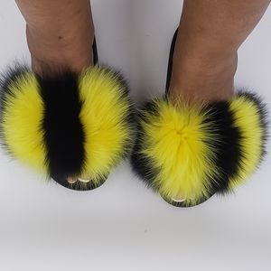 100% Fox fur slides Black with yellow Fast shipping